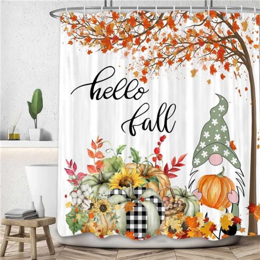Fall Gnomes Shower Curtain for Bathroom, Autumn Thanksgiving Day Maple Leaf